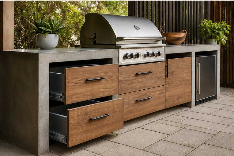 Outdoor kitchen with deep wood drawers beneath a covered counter