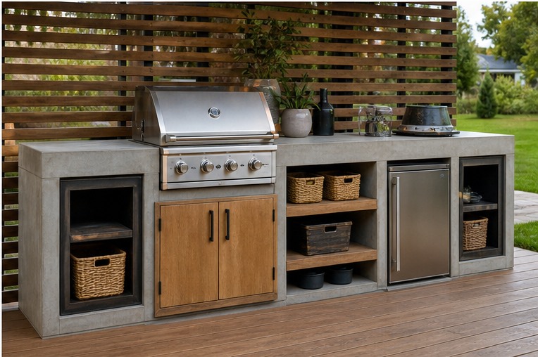 Outdoor kitchen cabinets mixing closed wood doors and open shelves
