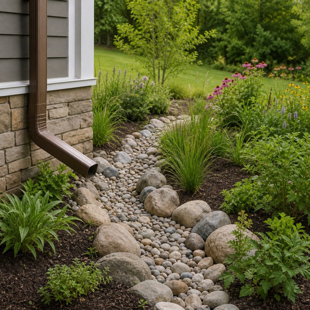 Dry creek bed carrying downspout water toward a planted rain garden