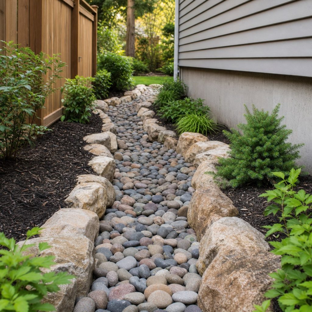 Shallow stone-lined drainage swale through a narrow side yard