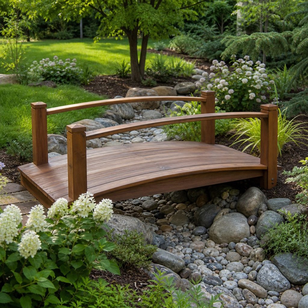 Simple garden footbridge spanning a shallow dry creek bed