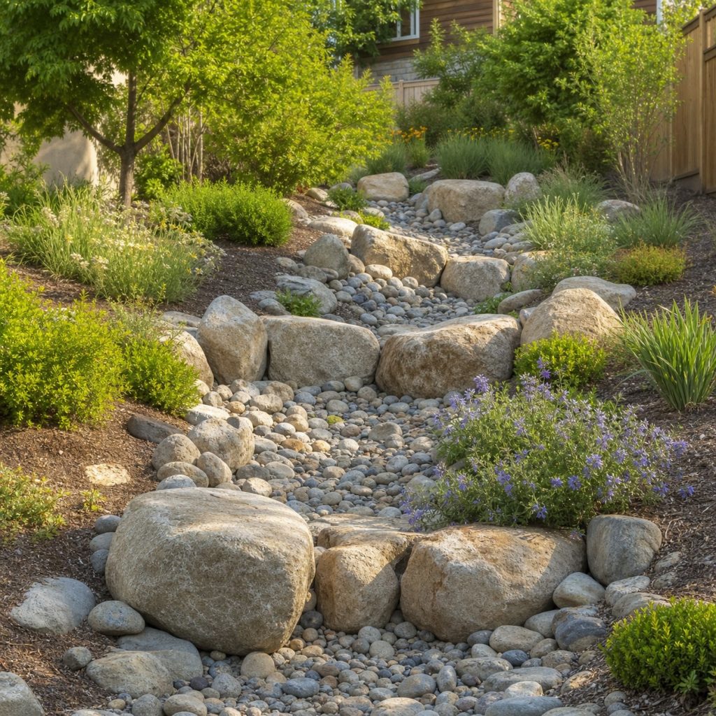 Dry creek bed with large boulder checks on a gentle landscaped slope