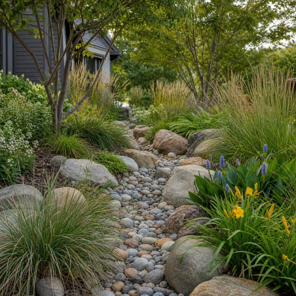Native grasses and moisture-tolerant plants along a stone dry creek bed