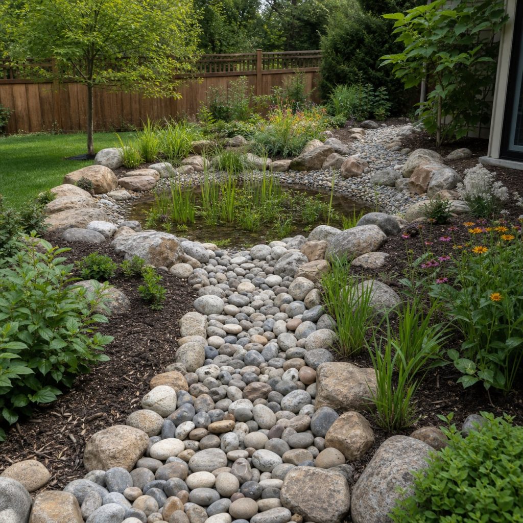 Dry creek bed ending in a planted infiltration basin with visible overflow route