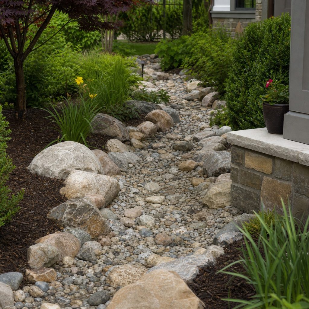 Dry creek bed being inspected for displaced stones and sediment after rain