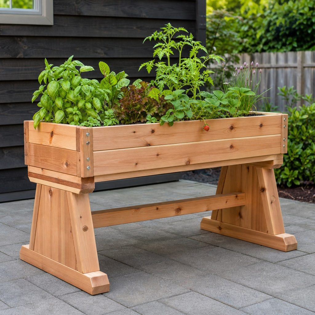 Elevated cedar planter on two broad trestle ends with center stretcher