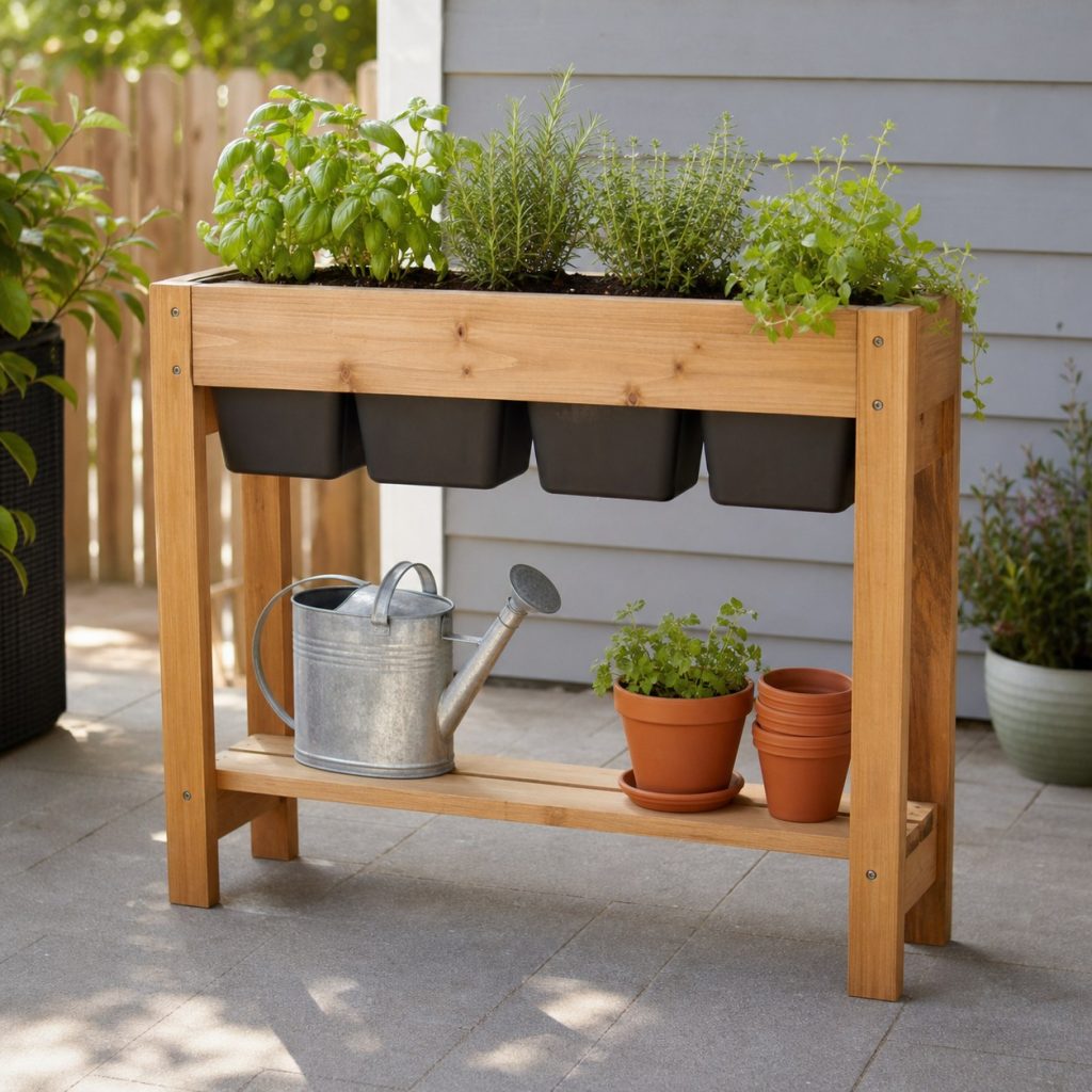 Narrow elevated herb planter with removable pots and shelf on small patio