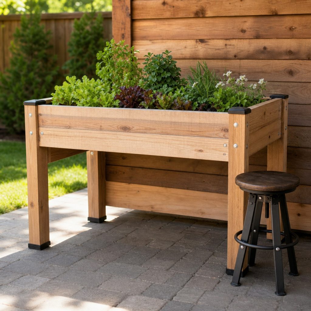 Elevated garden planter with open knee space and reachable shallow planting bed