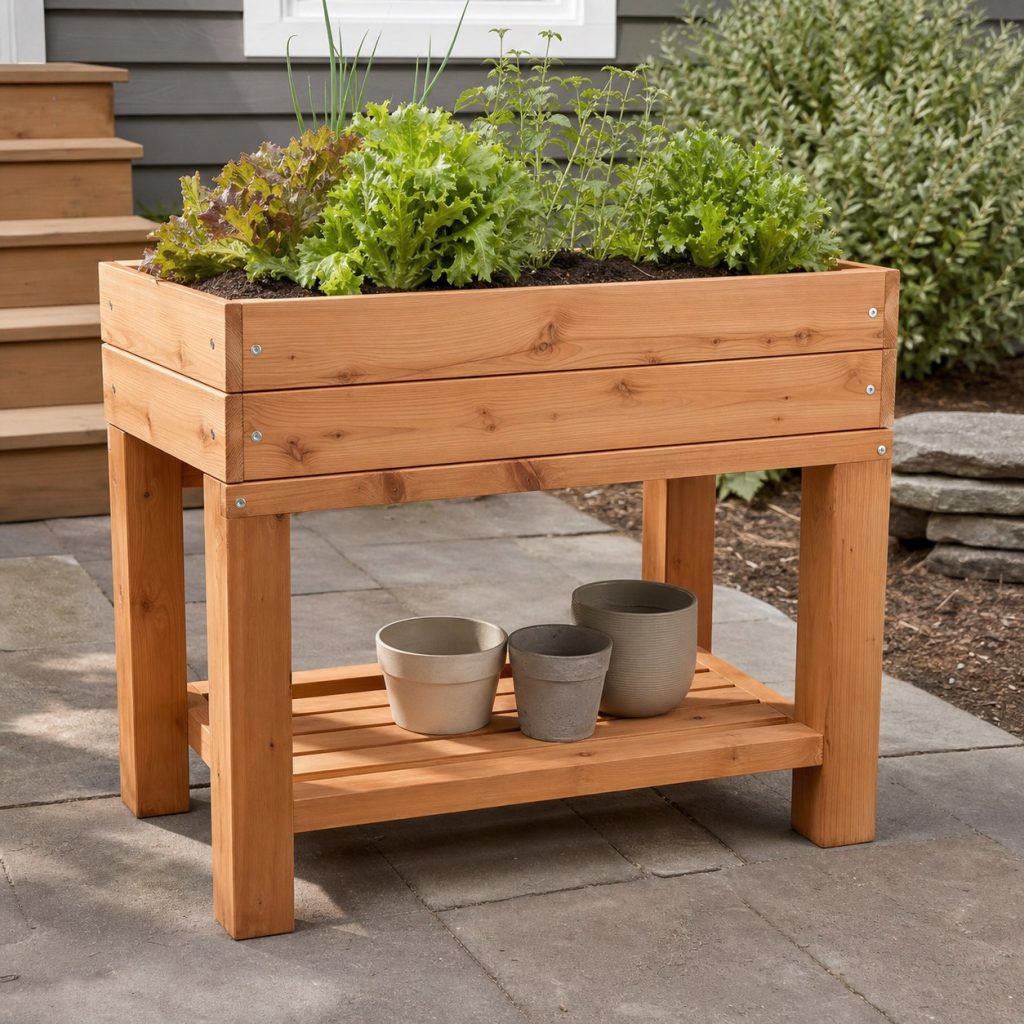 Cedar elevated planter with slatted lower shelf holding light empty pots