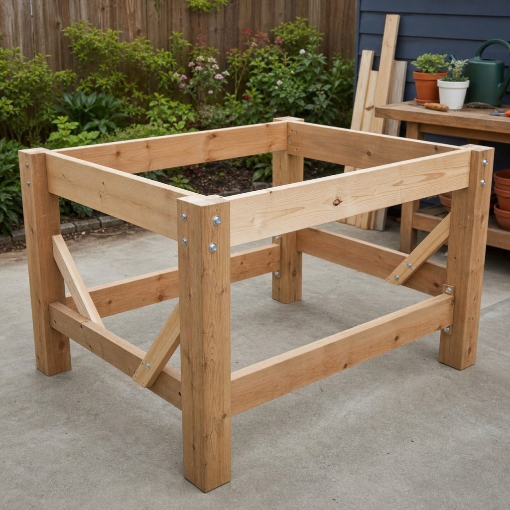 Elevated planter frame under assembly with leg pairs rails stretchers and diagonal braces