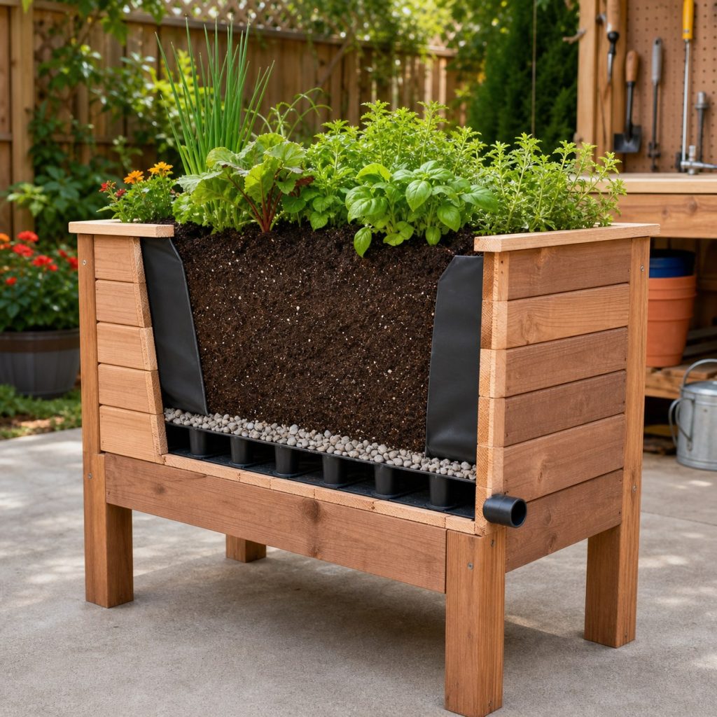 Elevated planter cutaway showing rigid liner supported bottom air gap and overflow outlet