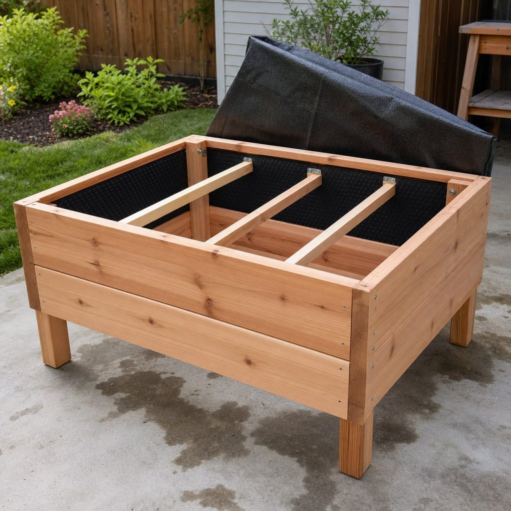 Empty elevated cedar planter drying with liner lifted and supports visible