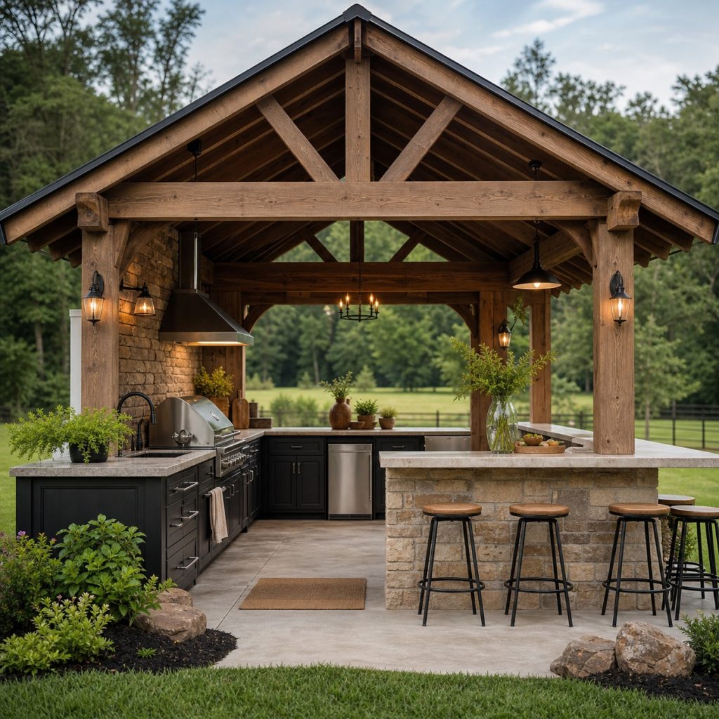 Barn-inspired covered outdoor kitchen with timber trusses and stone counters