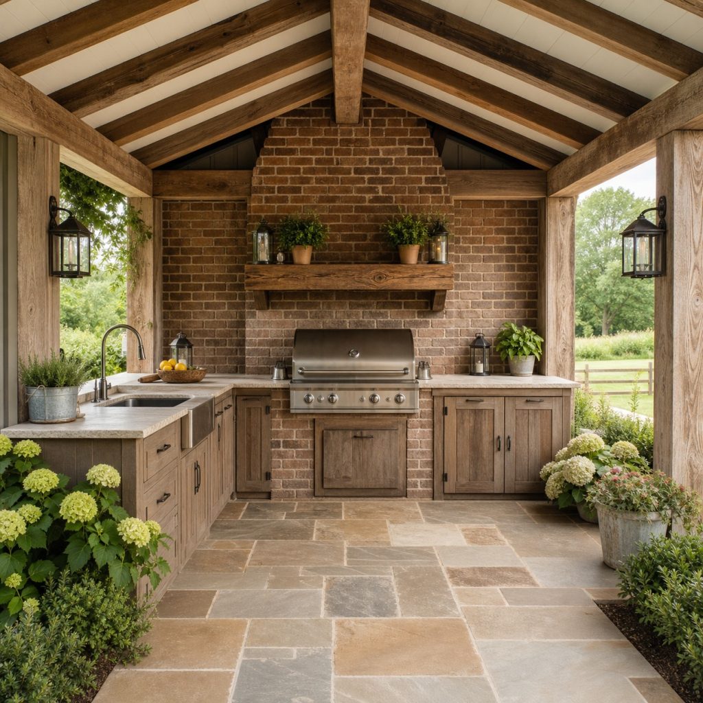 Brick farmhouse outdoor grill wall with pale cabinets and stone worktop