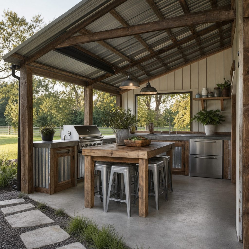 Outdoor farmhouse kitchen with timber frame and restrained galvanized metal accents