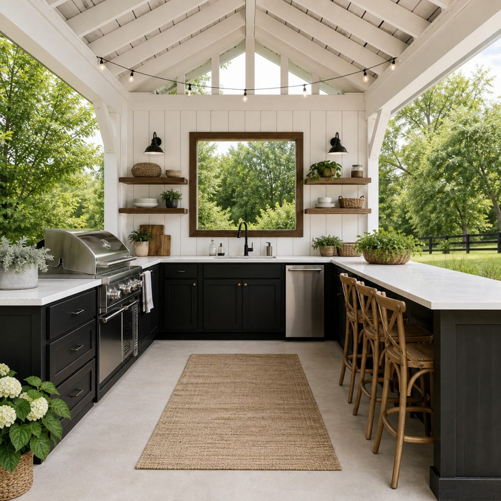 Black and white modern farmhouse outdoor kitchen with simple island