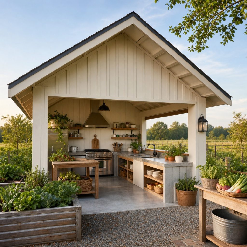 Country outdoor kitchen beside raised vegetable beds and a garden path