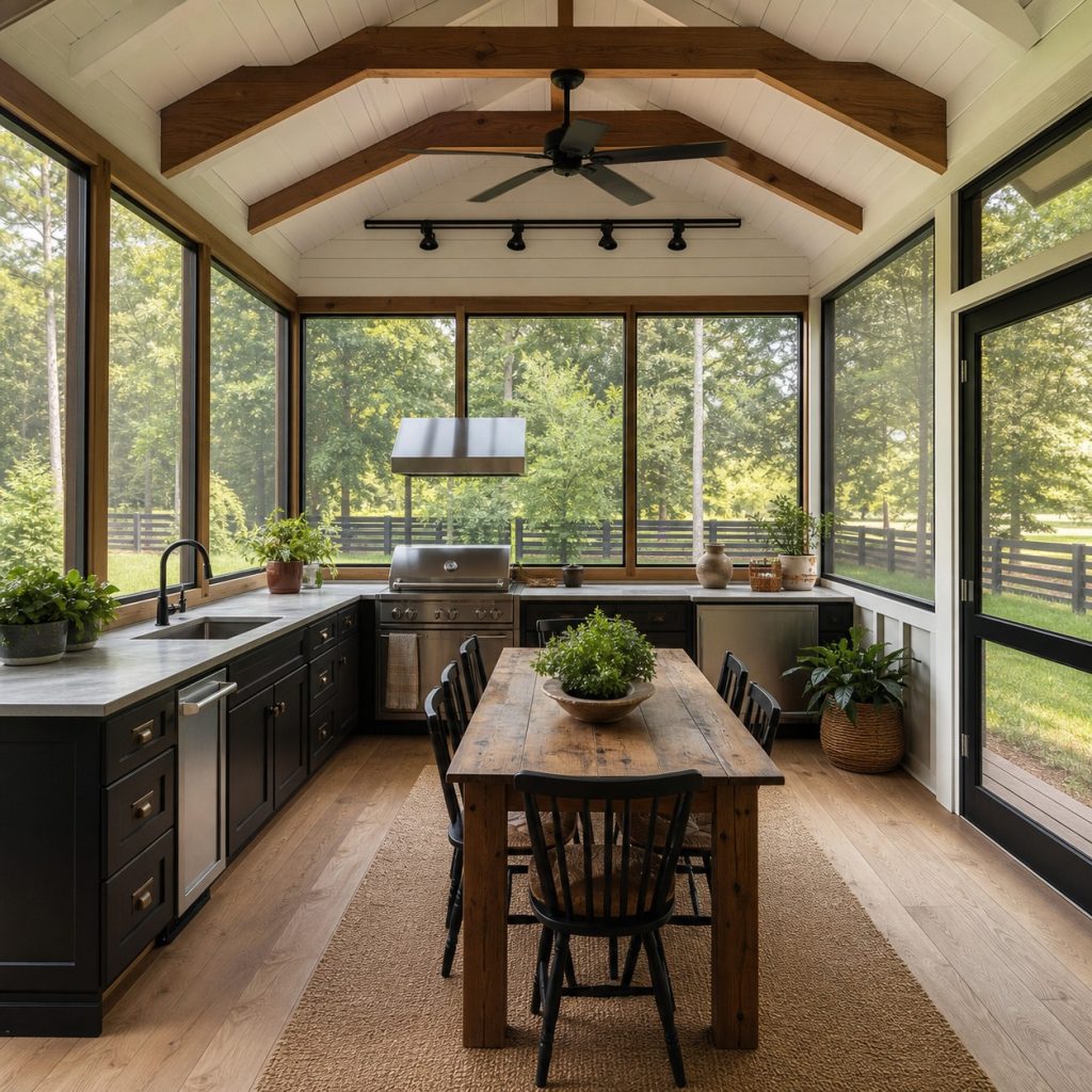 Screened farmhouse porch kitchen with white cabinets and timber table