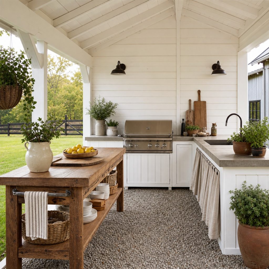 Farmhouse outdoor grill zone with freestanding serving table and covered counter
