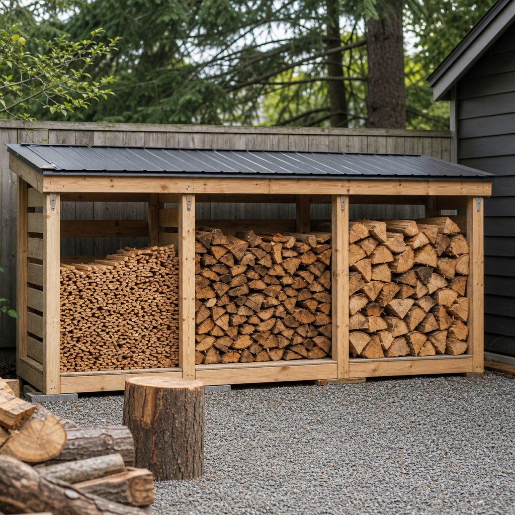 Three-bay wooden firewood shed separating seasoned kindling and newer split wood