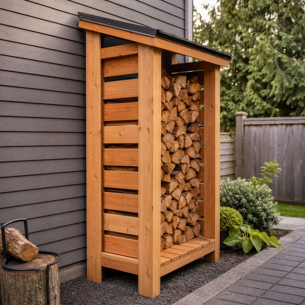 Compact narrow cedar firewood store with small roof and raised slatted floor