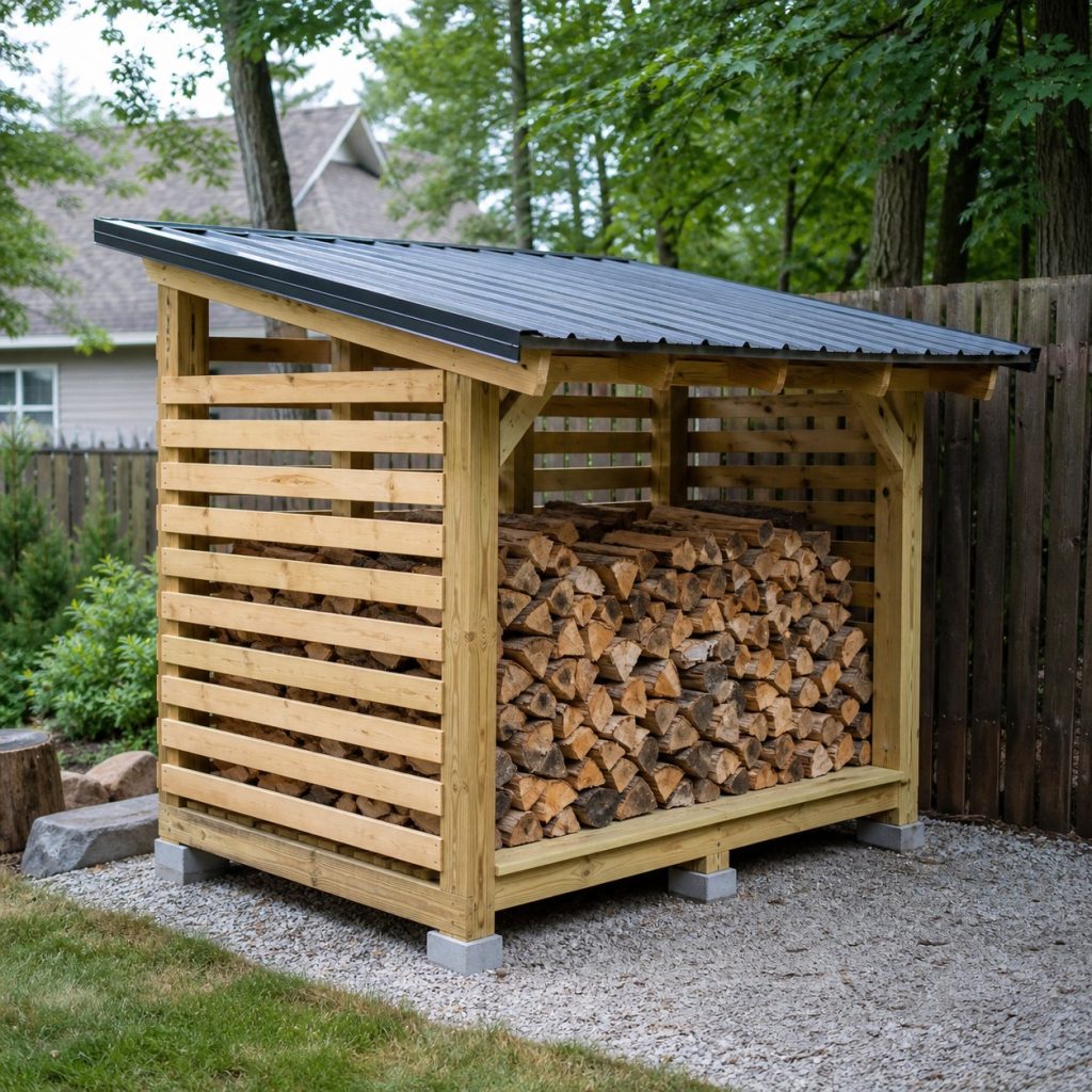 Freestanding firewood shed with single-slope metal roof and open slatted walls