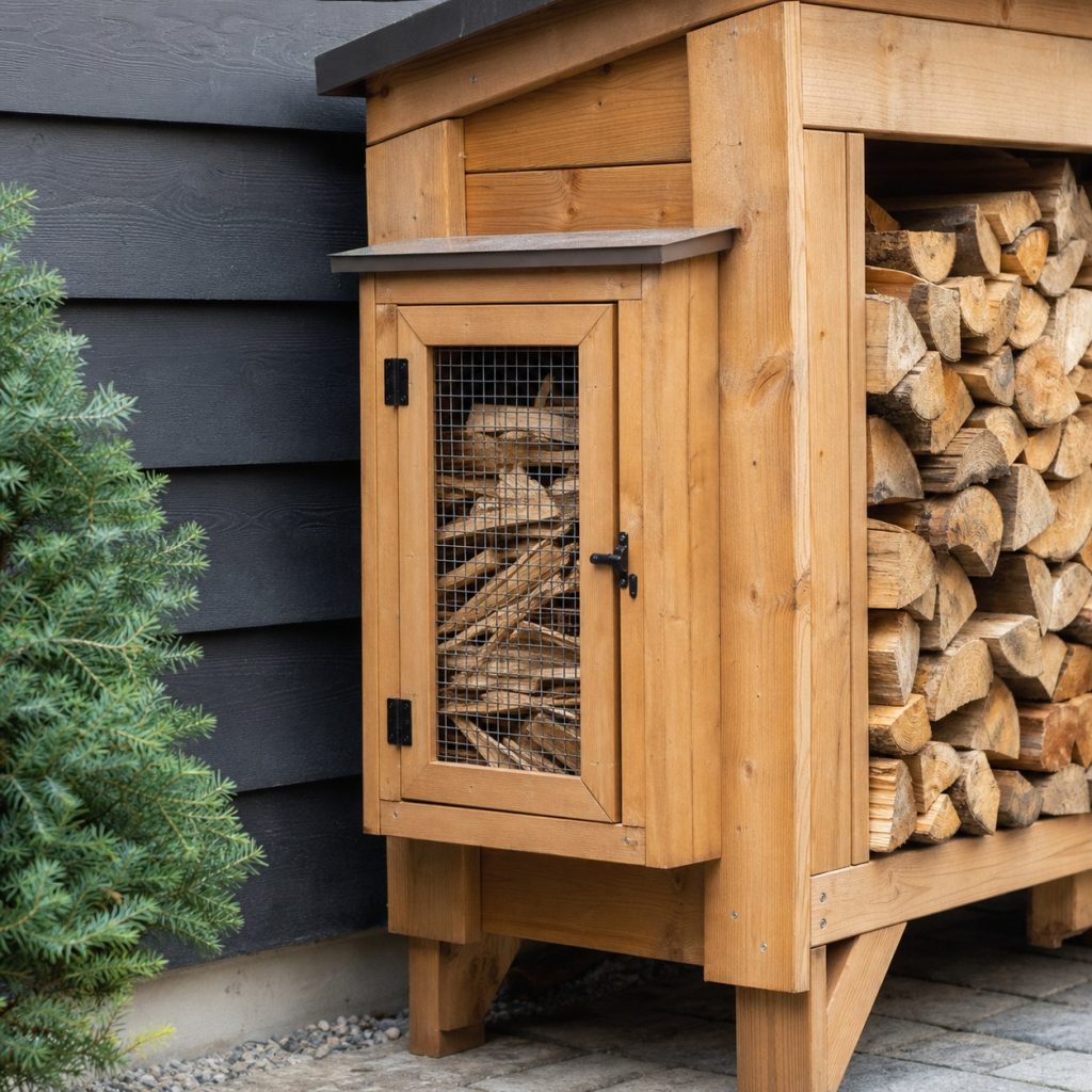 Small ventilated kindling compartment built into side of firewood shed
