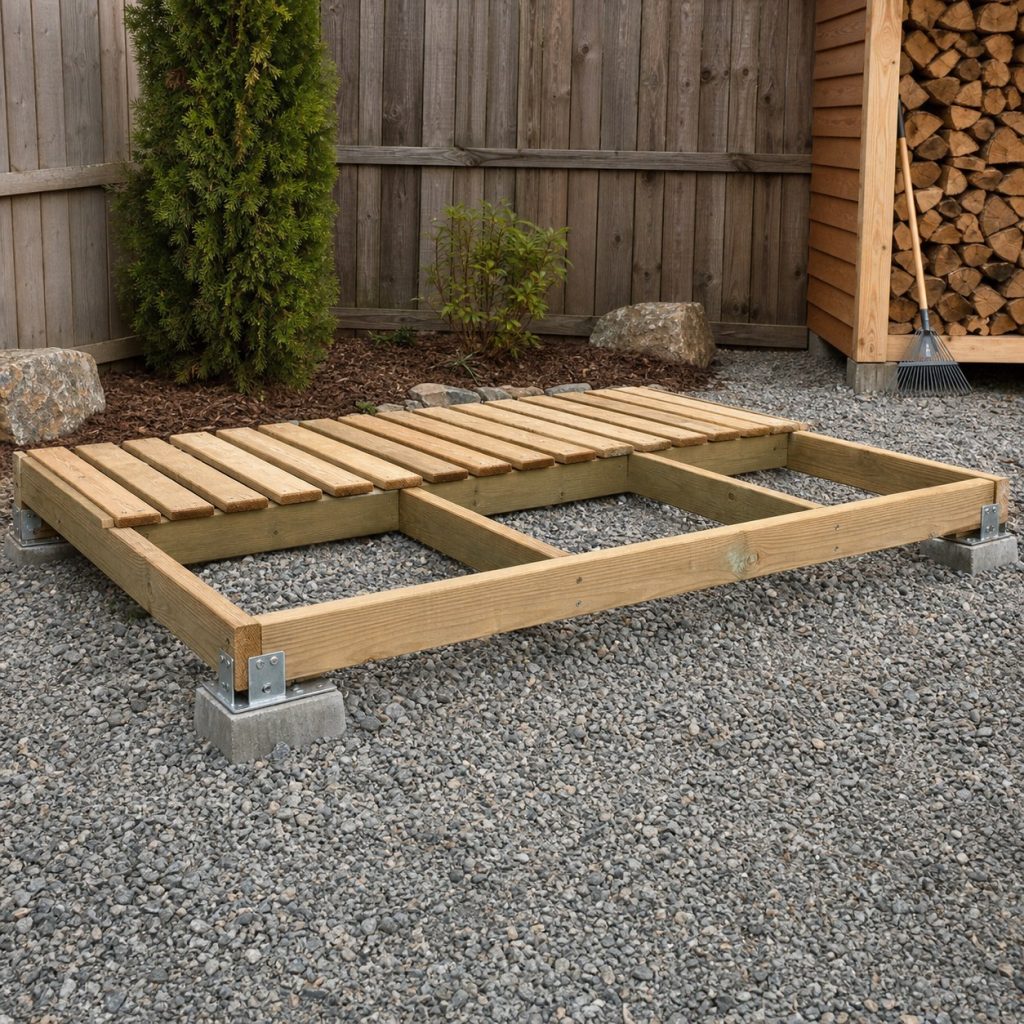 Firewood shed base under assembly on gravel with skids joists slats and anchors