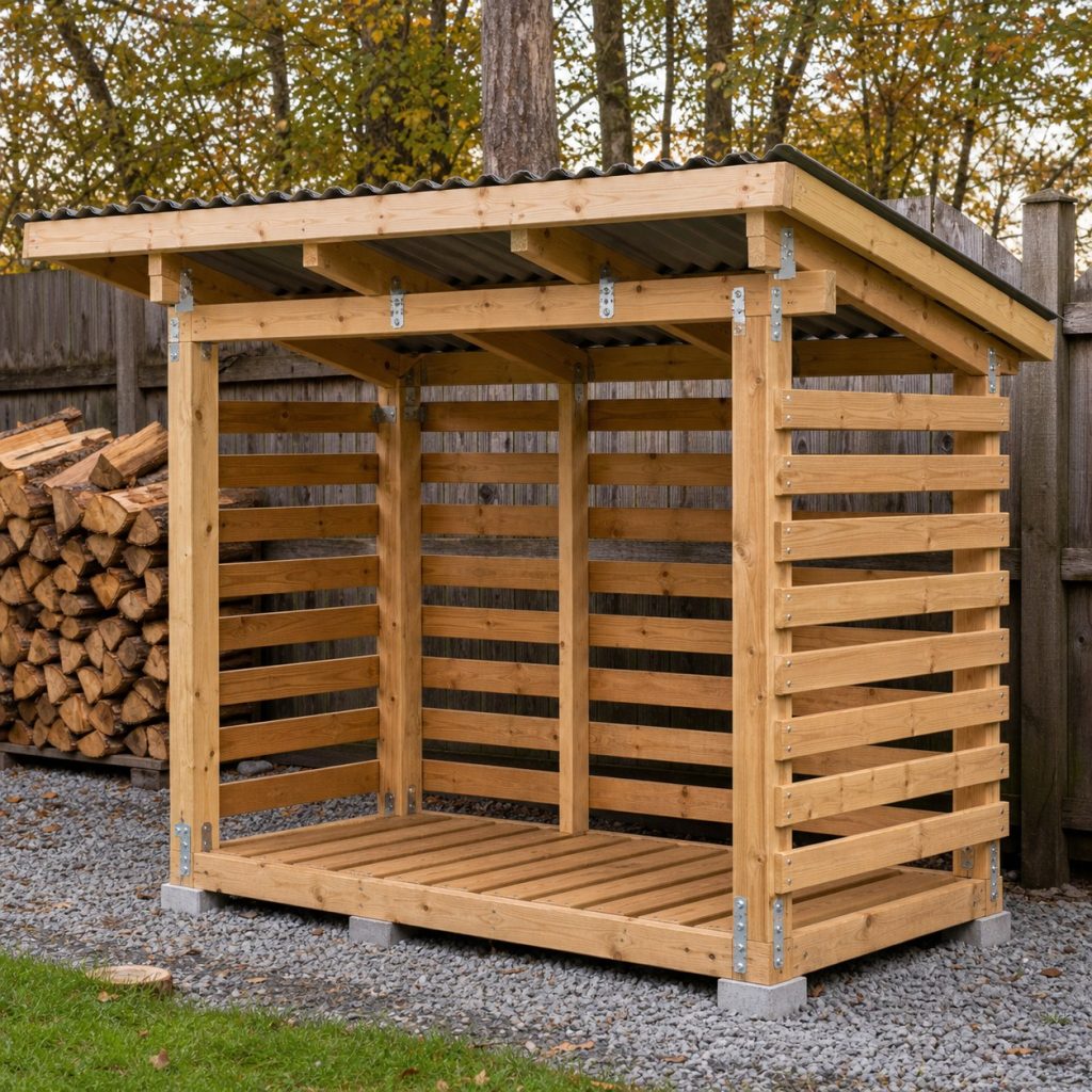 Firewood shed frame with spaced wall slats rafters roof panels and metal connectors