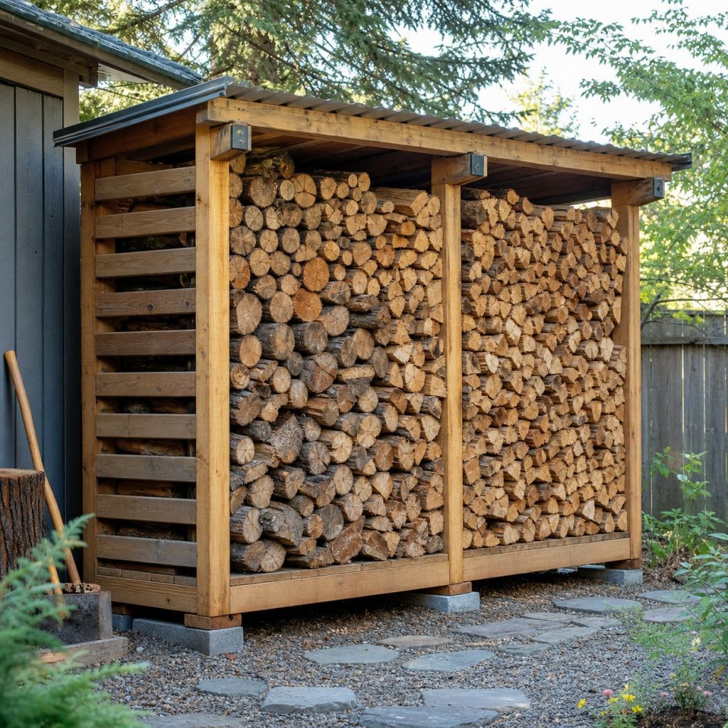 Dry organized firewood shed with oldest logs at accessible front and clear ground