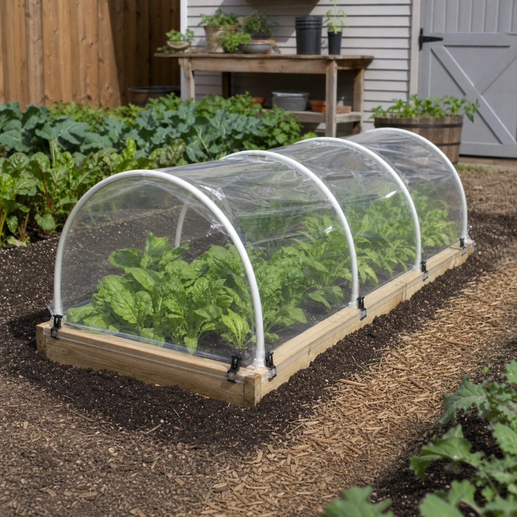 Low garden hoop cloche with clear UV-stable cover anchored over vegetable row