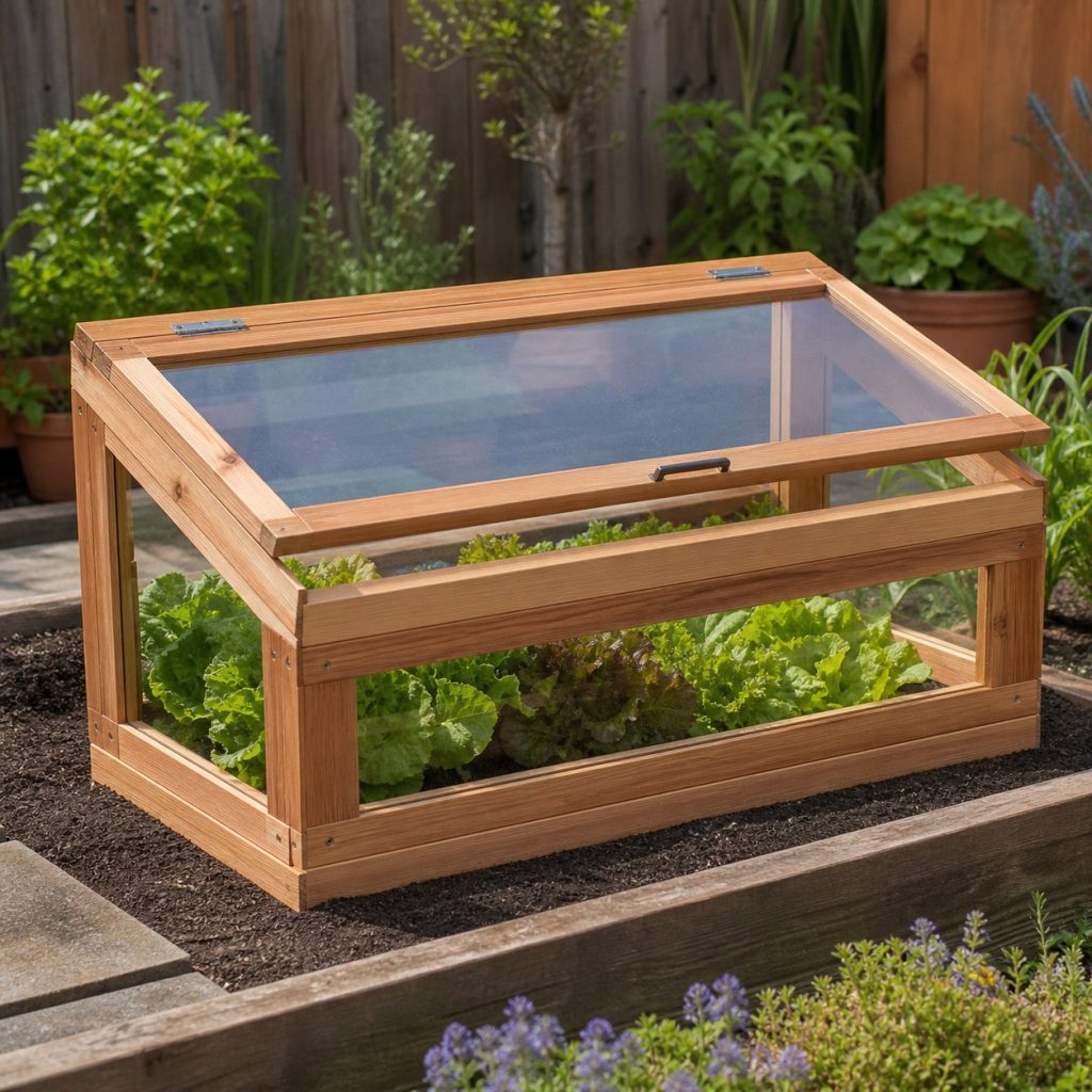 Rectangular cedar garden cloche with clear sides removable sloped top and lettuce