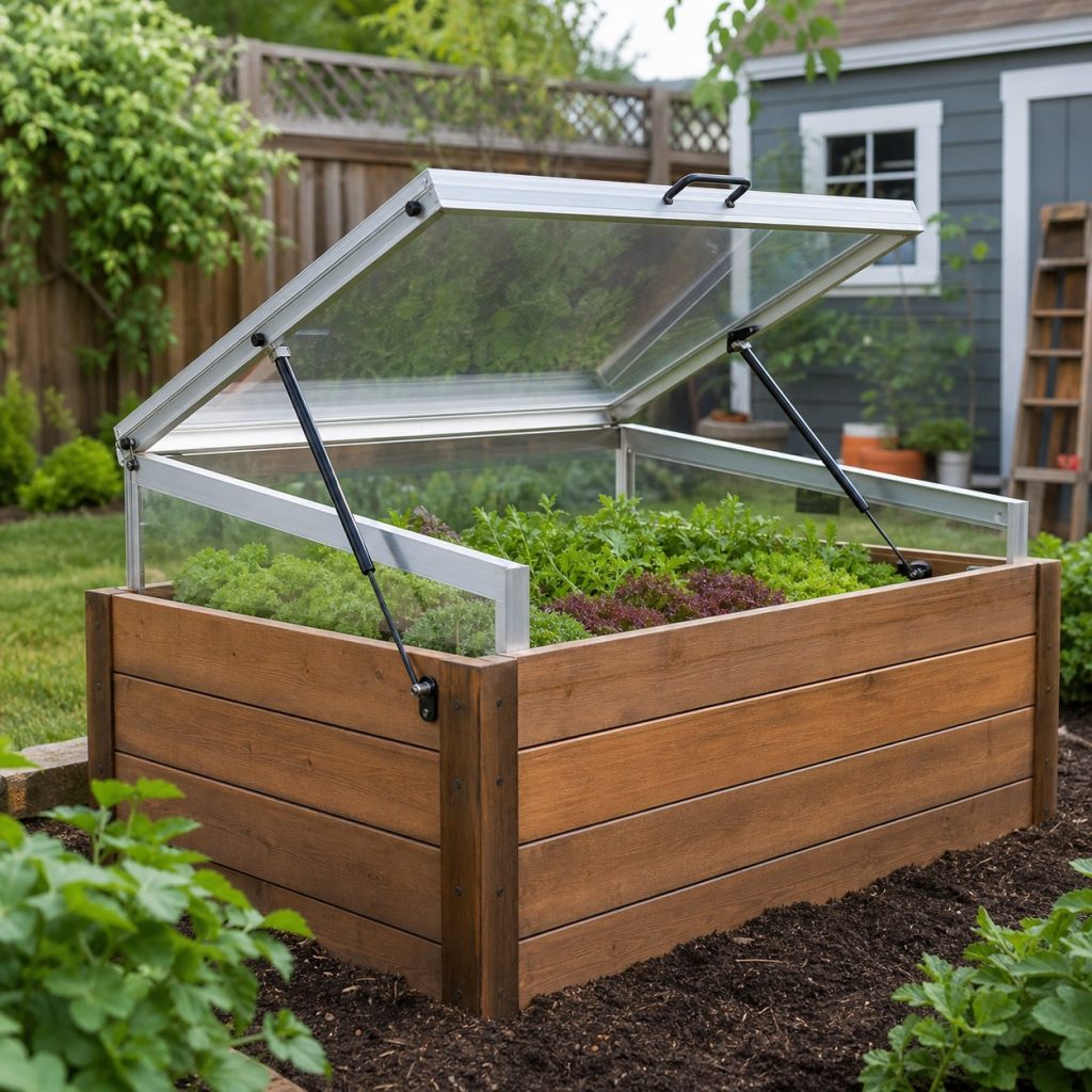 Clear hinged cloche mounted over raised bed with two lid stays and handles