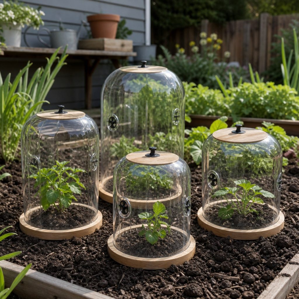 Several small vented clear plant cloches with wooden base rings in garden bed