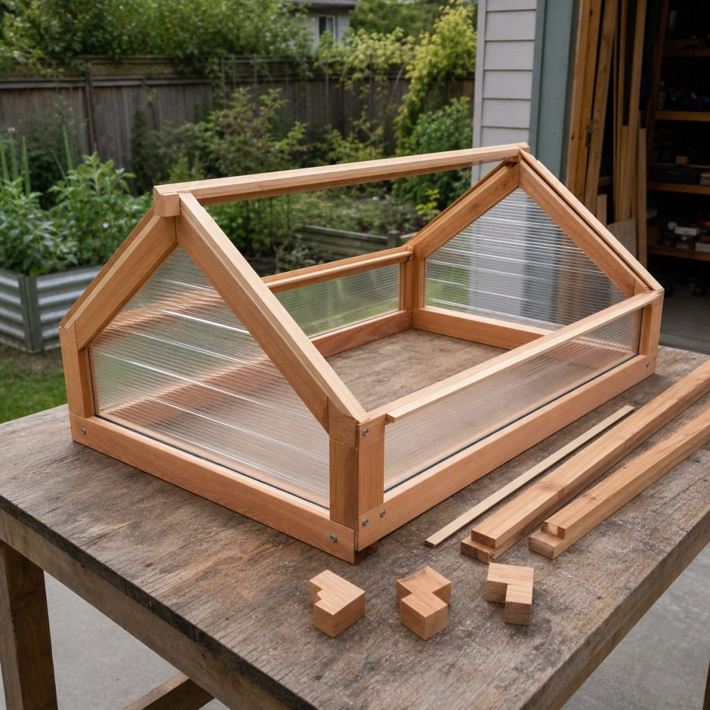 Garden cloche frame under assembly with cedar rails corner blocks and glazing strips