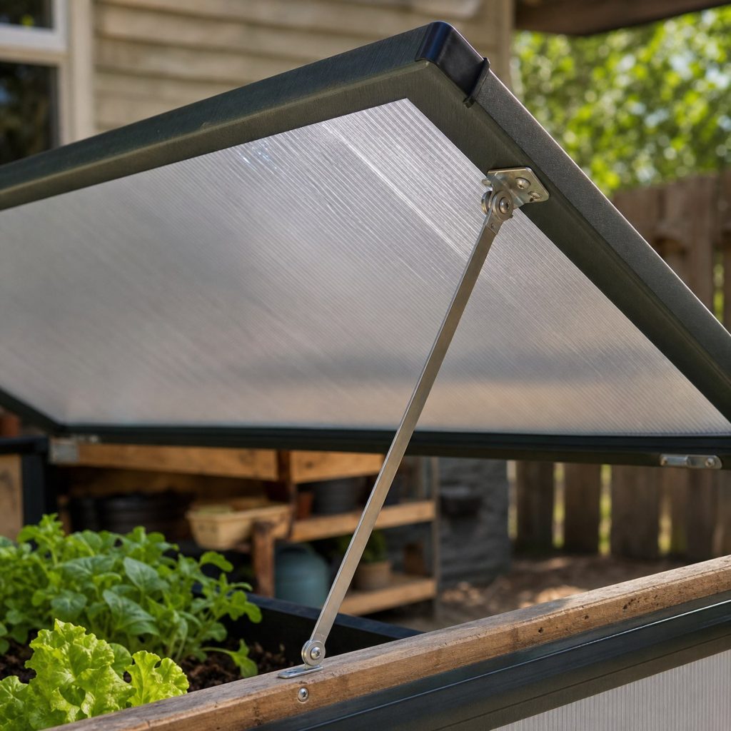 Close view of cloche polycarbonate panel covered edges vent hinge and prop stay