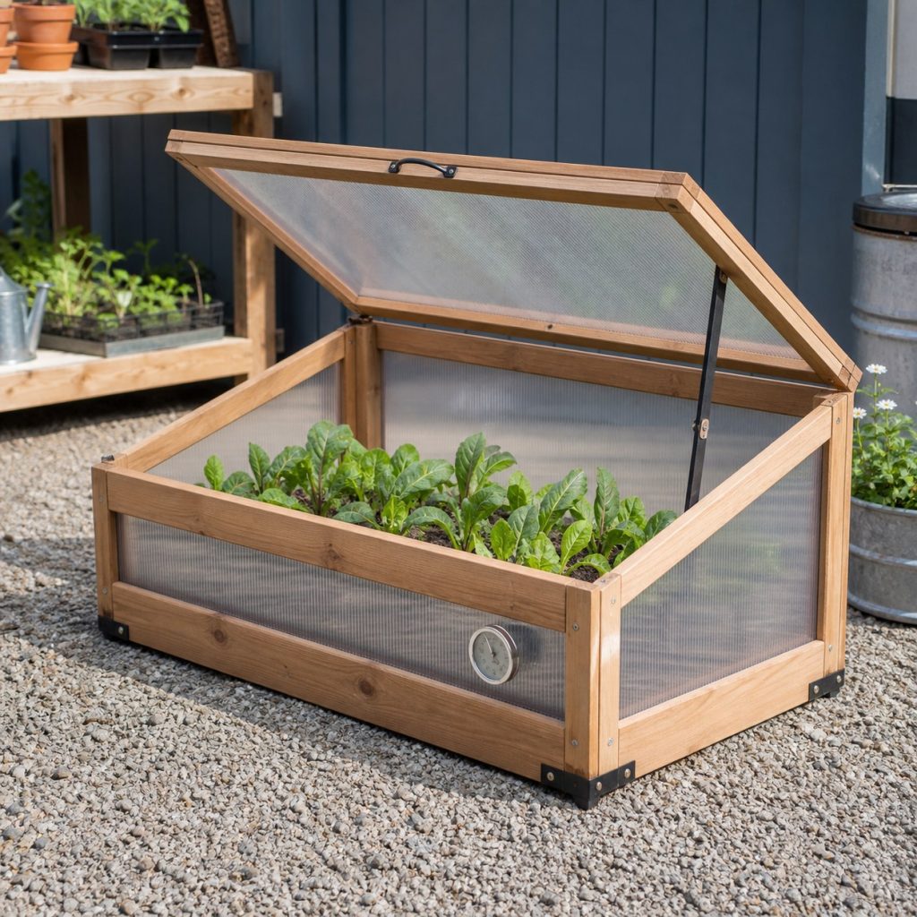 Garden cloche open for ventilation with thermometer visible and clean dry panels