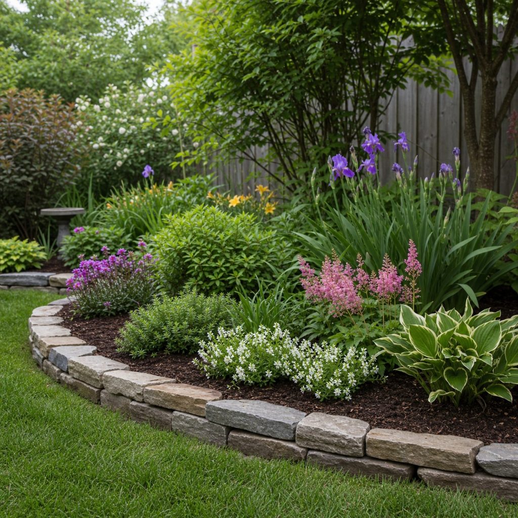 Low natural stone edging around a curved perennial garden bed