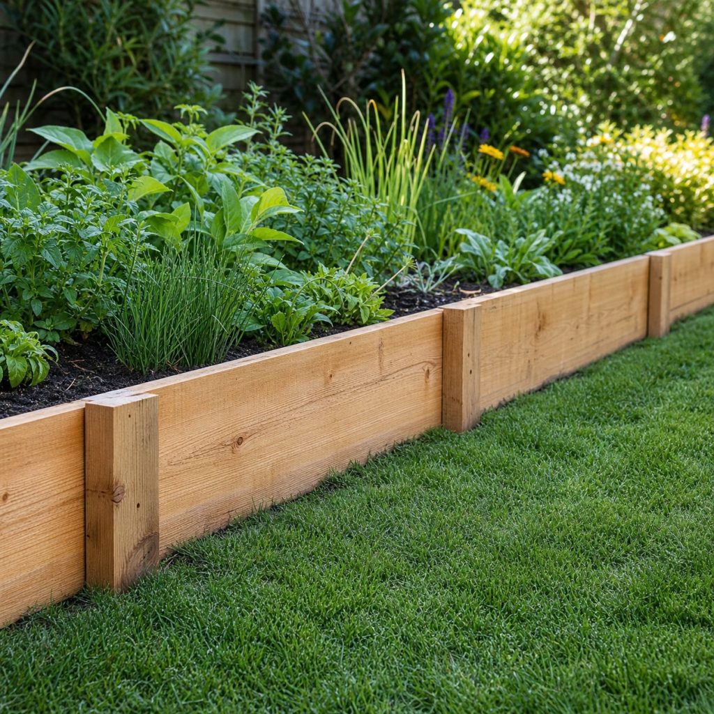 Straight cedar board garden edging held by exterior wooden stakes