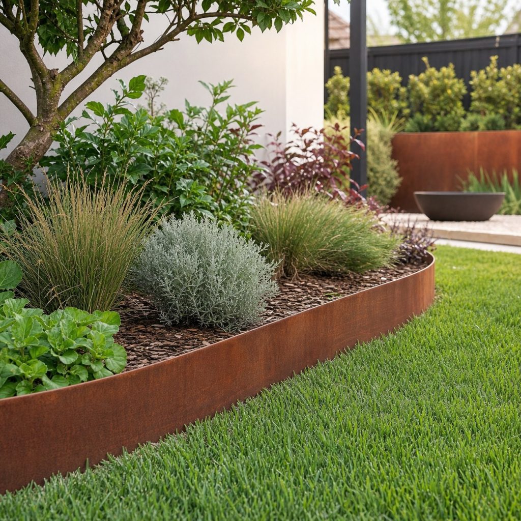 Thin weathering steel garden edge forming a smooth planted curve