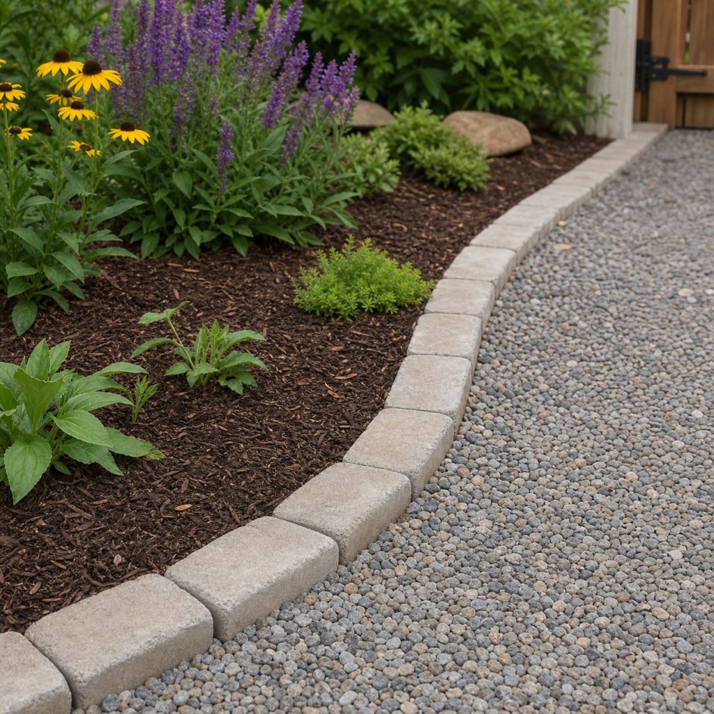 Tumbled concrete paver edging between mulch bed and gravel path