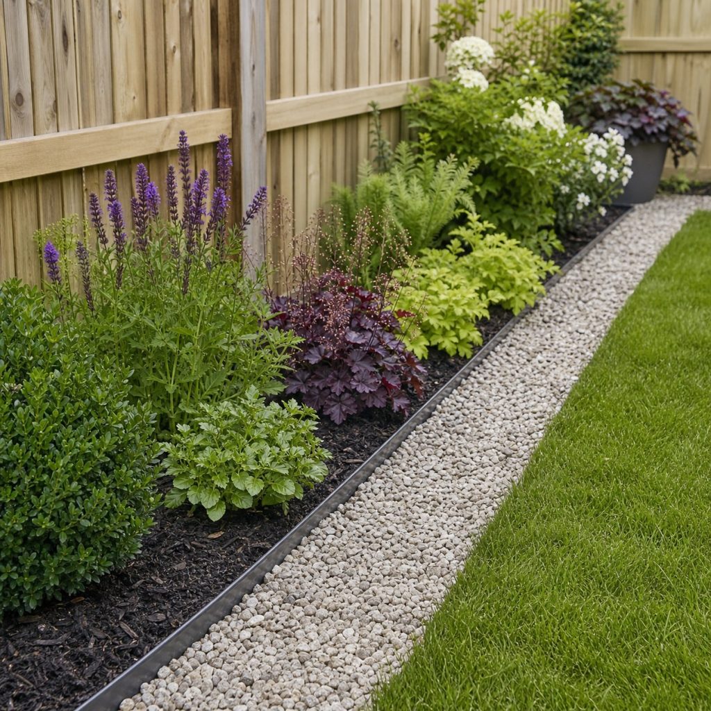 Narrow gravel strip edging a garden bed beside a wooden fence