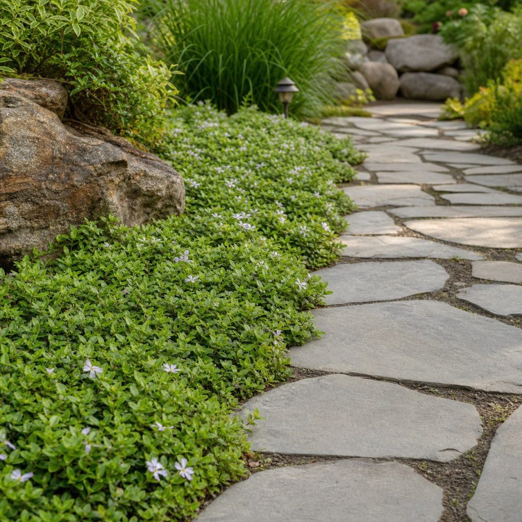 Low dense groundcover creating a soft edge along a garden path