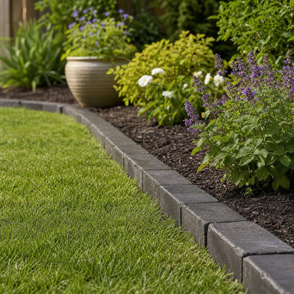 Garden edging line being checked for low even height and secure joints