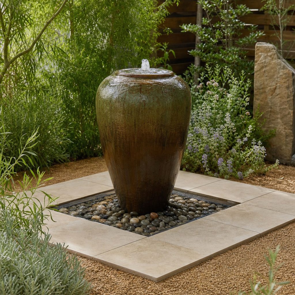 Glazed ceramic urn fountain above a hidden grated reservoir
