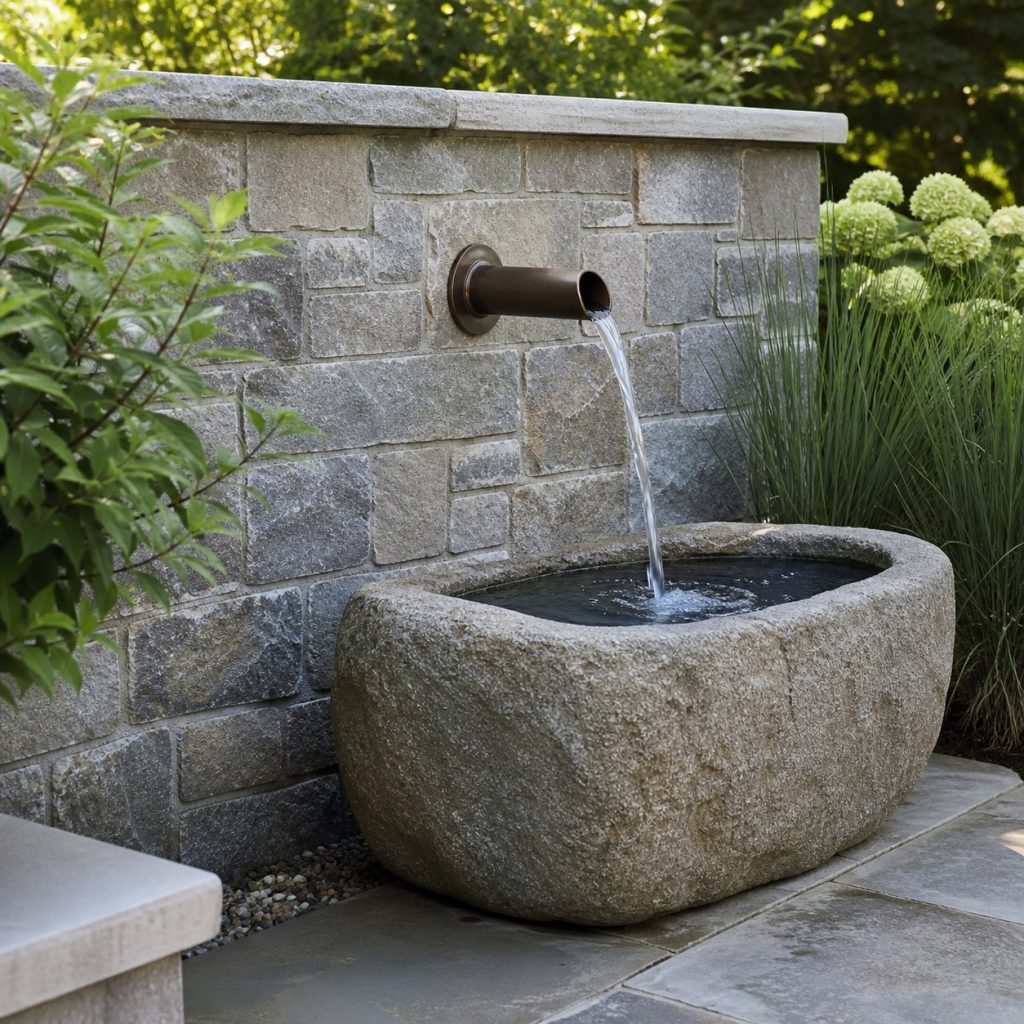 Wall-mounted garden spout pouring into a freestanding stone trough