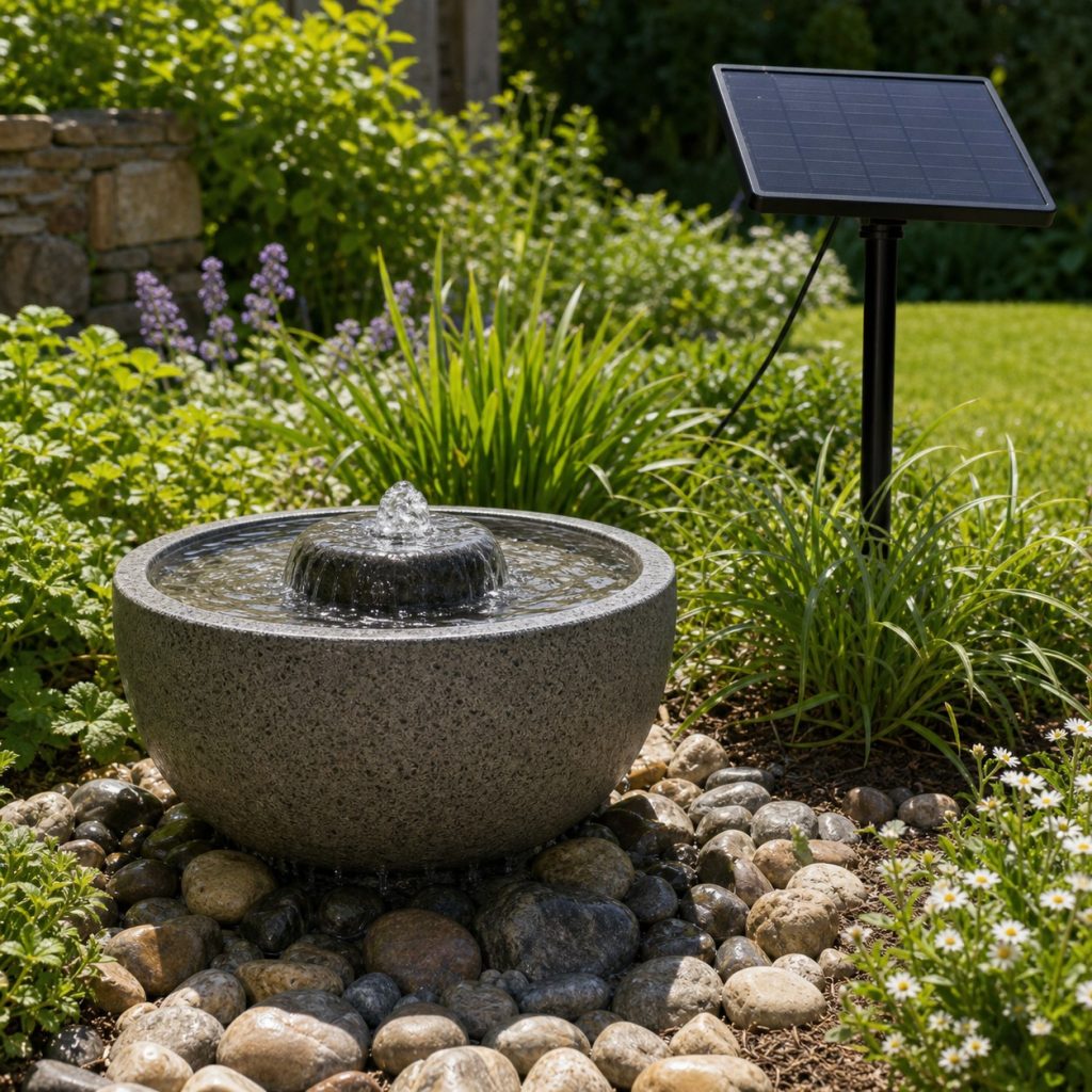 Small solar-powered garden fountain with separate panel in full sun