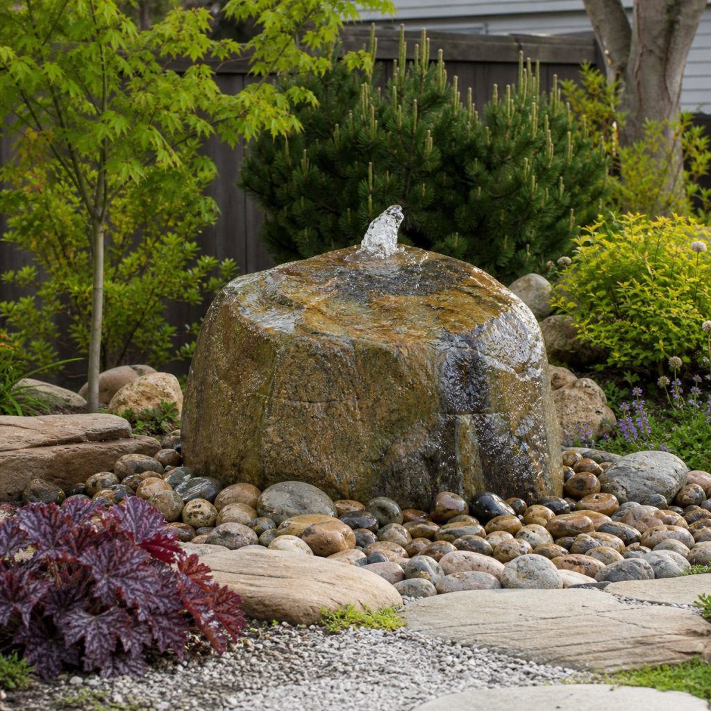 Natural boulder bubbling fountain over a concealed reservoir