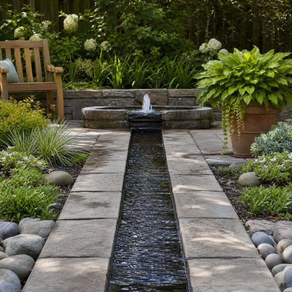 Short formal garden rill with a quiet recirculating end fountain