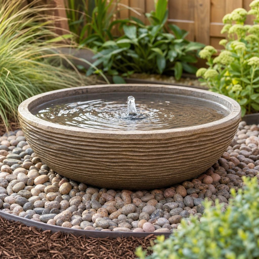 Shallow textured garden fountain with gently moving water and removable basin